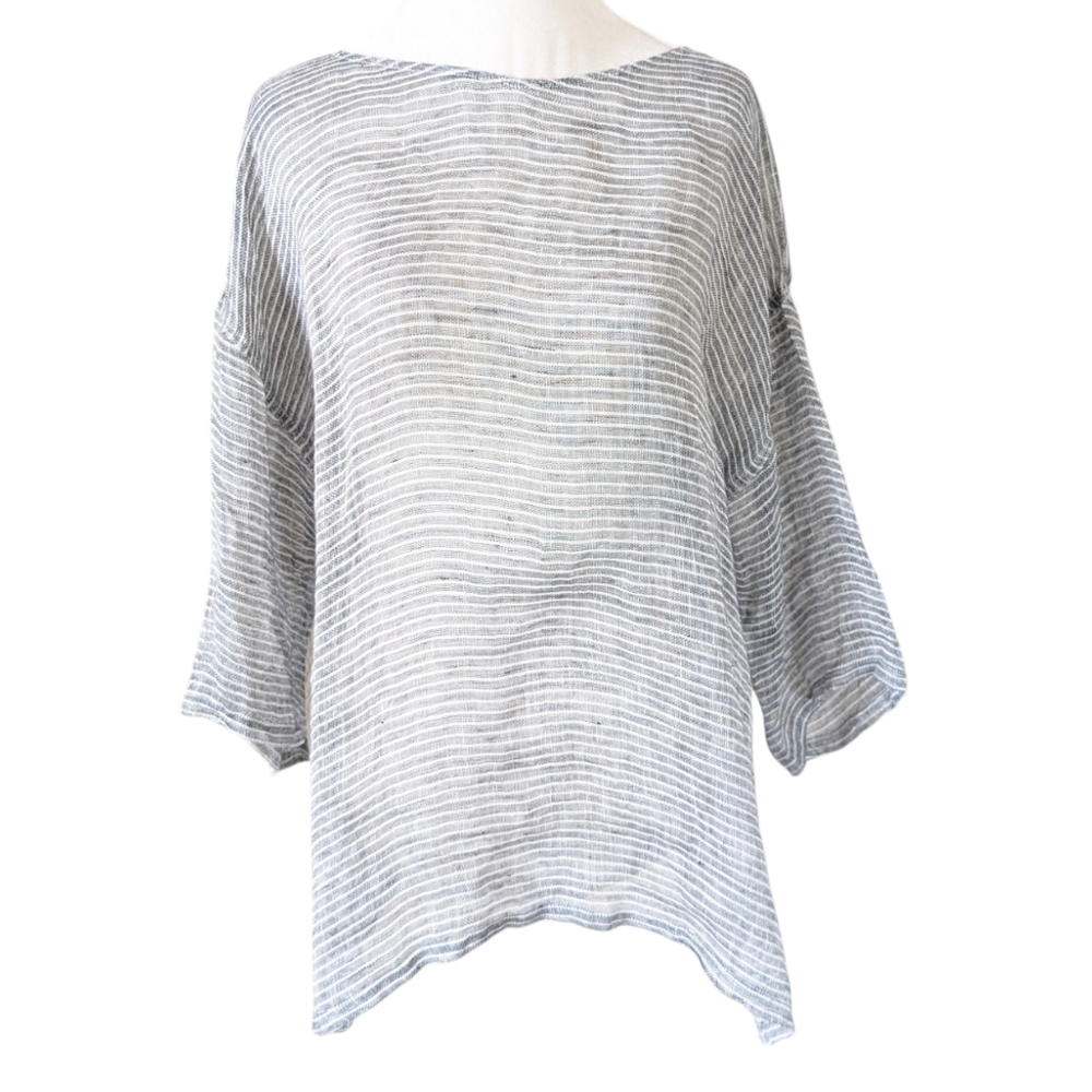 Namsar Linen Top Small Medium Gray White Lagenlook Oversized 3/4 Sleeve Tunic